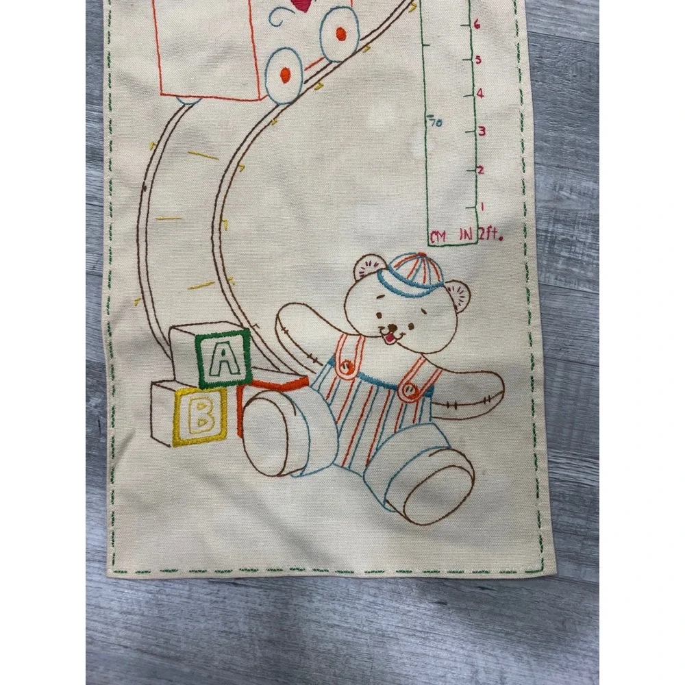 Vintage Embroidered Canvas Growth Chart Train Clown Teddy Bear Nursery Decor